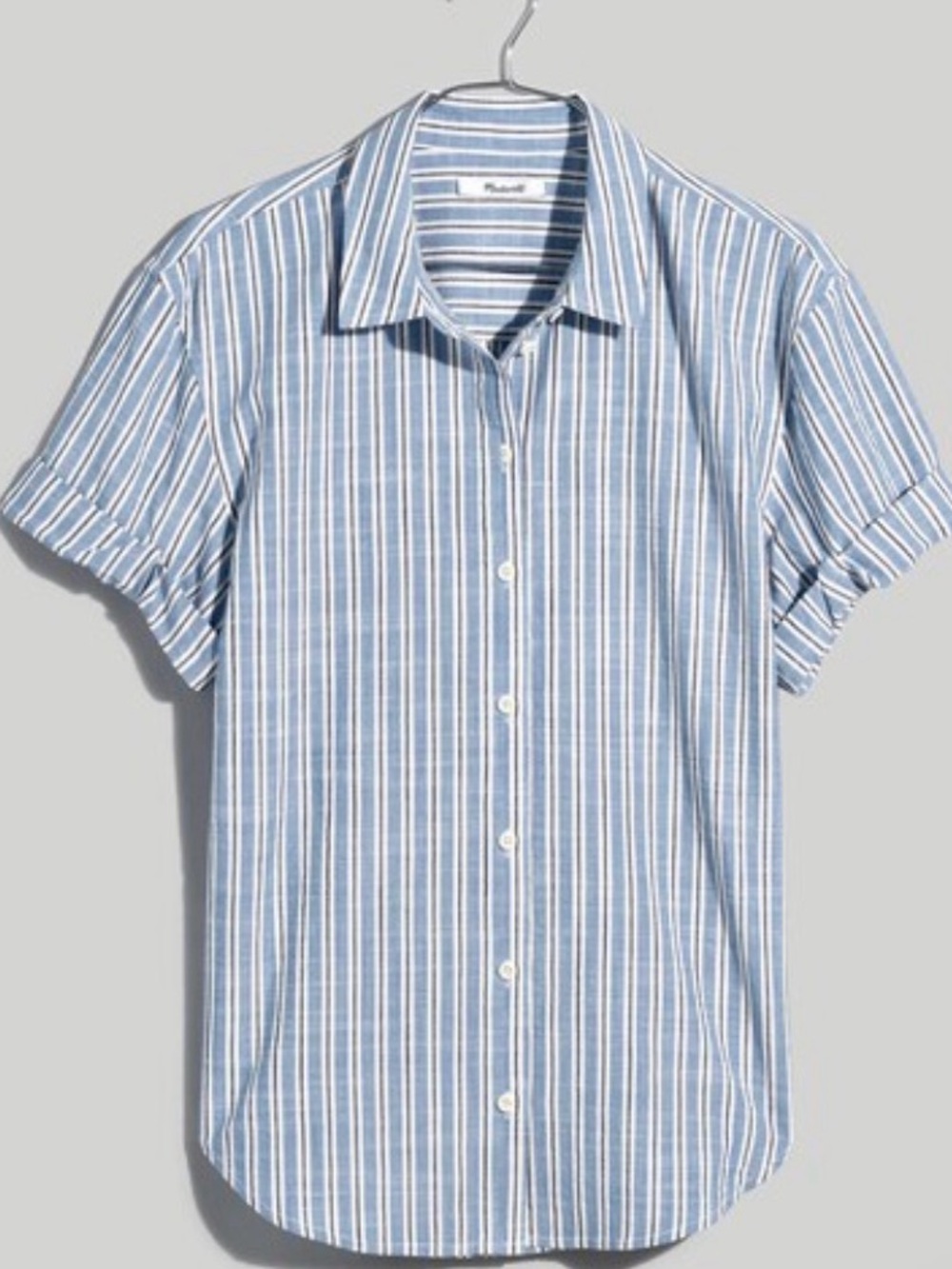MADEWELL BLUE WHITE GRAY STRIPE BLOUSE SLIM CENTRAL SHIRT SZ LARGE